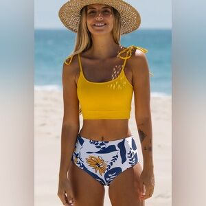 Tie Shoulder High Waisted Floral Print Bikini Set